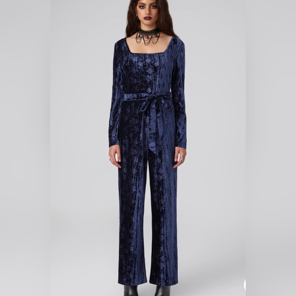 VELVET SQUARE NECK FLORAL ZIPPER JUMPSUIT WITH BELT SZ L